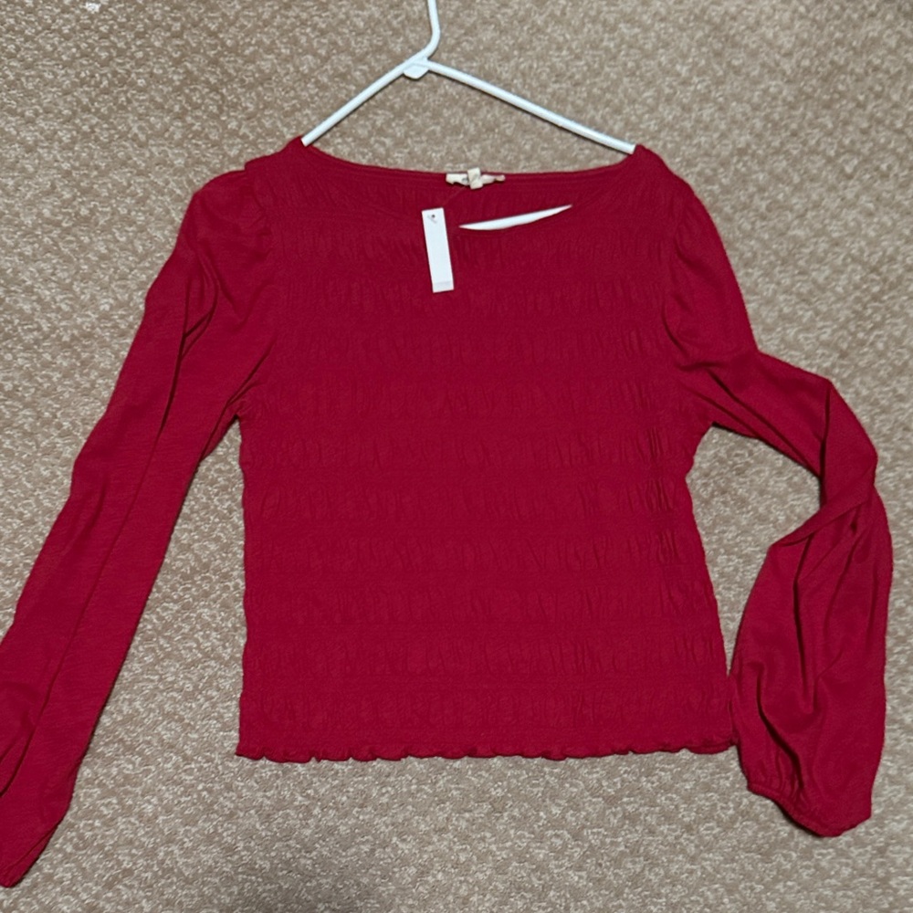 Madewell Red Smocked Long-Sleeve Top